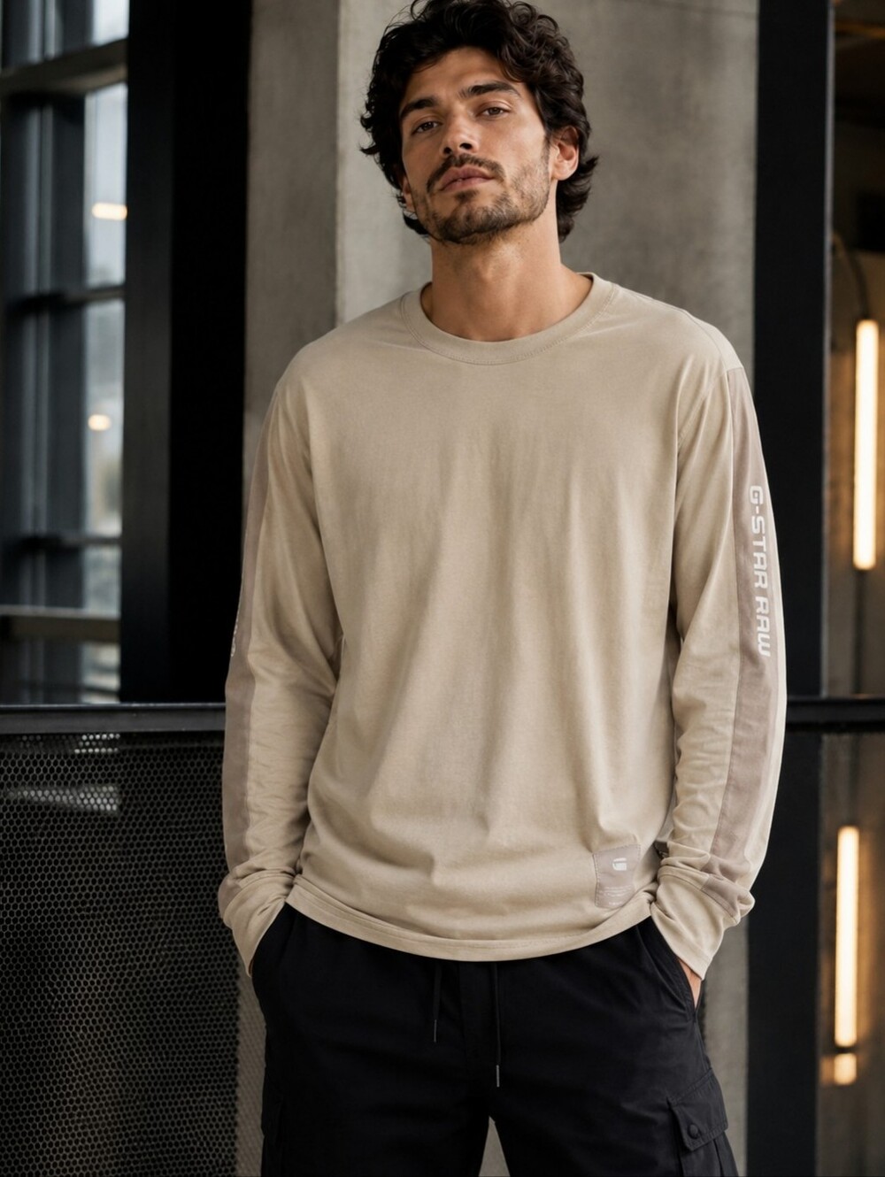 G-Star RAW Swando Graphic Relaxed Long Sleeve Tee Beige L